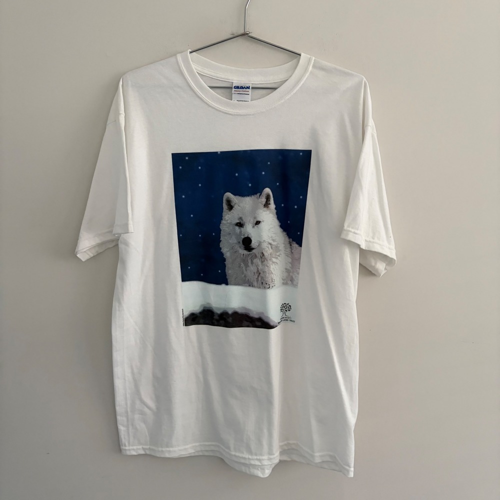Gildan Heavy Cotton White Arctic Wolf Wildlife Land Trust Graphic T-Shirt Large